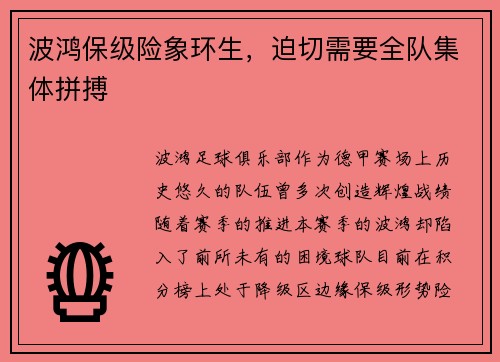 波鸿保级险象环生，迫切需要全队集体拼搏
